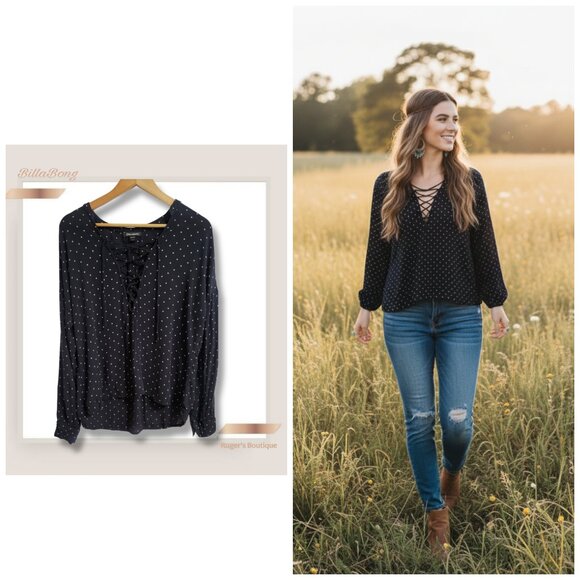 Billabong Tops - 🌿Billabong Forget Me Knot Shirt Womens Medium Black White Polka Lace-Up V-Neck